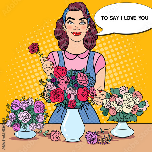 Smiling Female Florist at Work with Bunch of Flowers. Pop Art vector illustration