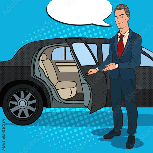 Driver Standing ner Black Limousine. Chauffeur of Luxury Car. Pop Art vector illustration