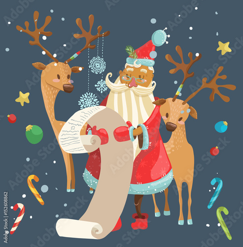 Santa reading a long Christmas wish list with deer