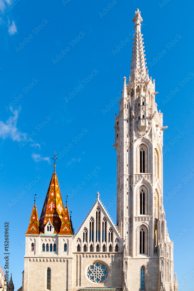 Roman Catholic Matthias Church and Holy Trinity plague column at Fisherman's Bastion in Buda Castle District, Budapest, Hungary, Europe. Sunny day shot with clear blue sky.