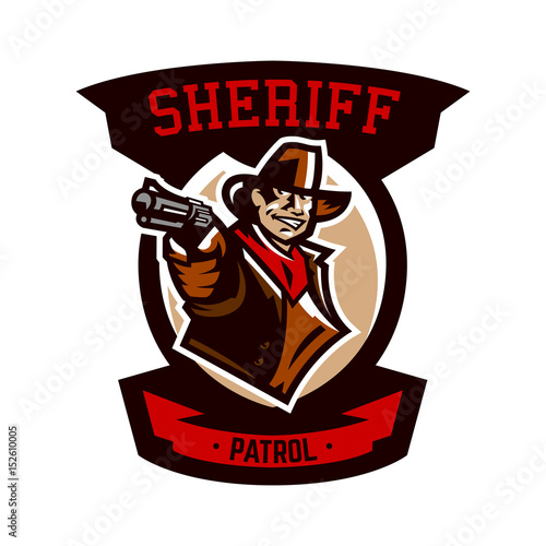 Colorful emblem, logo, cowboy holding a revolver. Wild West, a bandit, a robber, a sheriff, a gunfight. Vector illustration