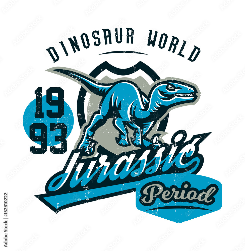 Design for printing on a T-shirt, aggressive dinosaur ready for attack. Jurassic period, predator of antiquity, sport style. Vector illustration, grunge effect