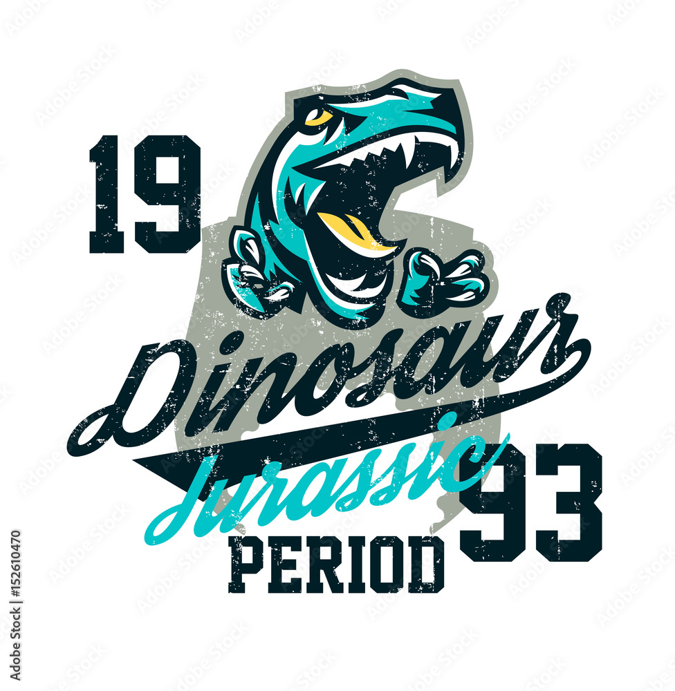 Design for printing on a T-shirt, aggressive dinosaur ready for attack. Jurassic period, predator of antiquity, sport style. Vector illustration, grunge effect