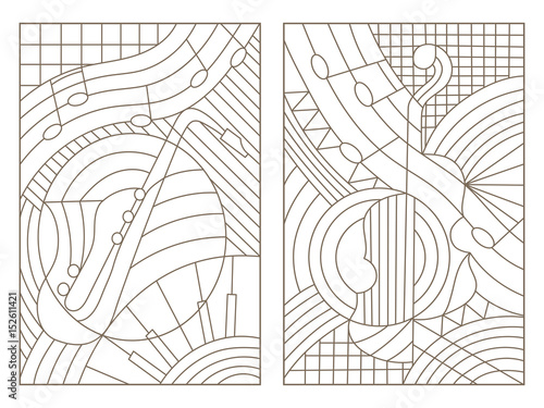 Set contour illustrations of the stained glass Windows on the theme of music abstract violin and saxophone