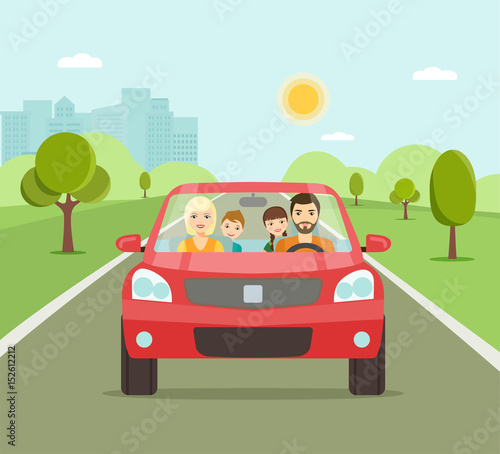 Funny family driving in red car on weekend holiday. Vector flat illustration