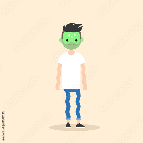 Sick shivering young man with green face vector cartoon illustration / flat vector concept
