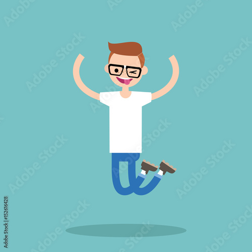 Young winking jumping nerd boy / flat editable vector illustration