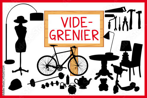 Vide grenier illustration. Panneau en bois et cadre rouge.