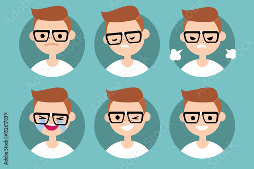 Nerd boy profile pics / Set of flat vector portraits. upset, offended, angry, laugh, laughing, winking, smiling