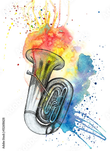 Watercolor multicolored splashes stains with a pencil sketch of a musical instrument tuba, jazz music