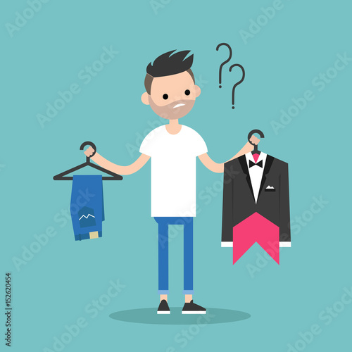 Difficult choice. Young bearded man trying to decide what to wear for the event / Flat vector clip art illustration