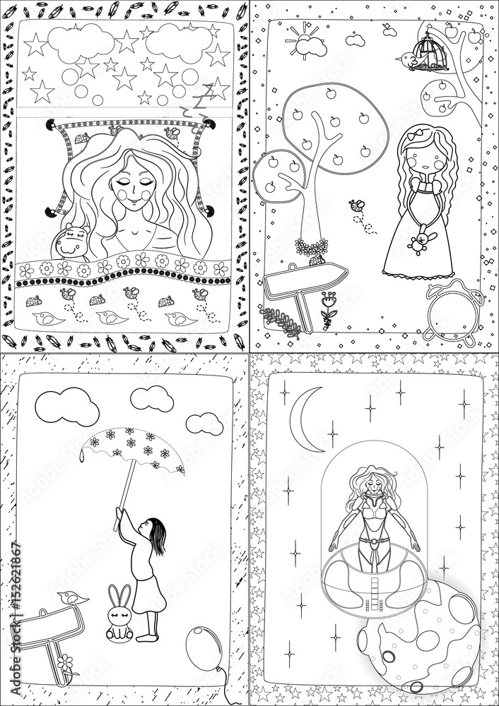 Vector black and white illustration of children. Coloring book page.