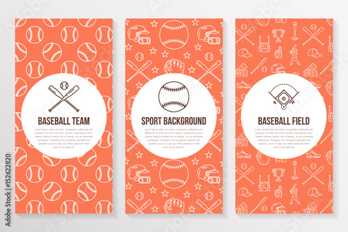 Baseball, softball sport game brochure template, flyer. Vector trifold orange background. Equipment thin line icons - bats, balls, field. Illustration for team poster.