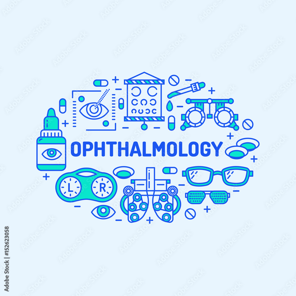 Ophthalmology, medical banner illustration. Eyes health care vector line icons of optometry equipment, contact lenses, glasses. Healthcare brochure, poster design. Blue background.