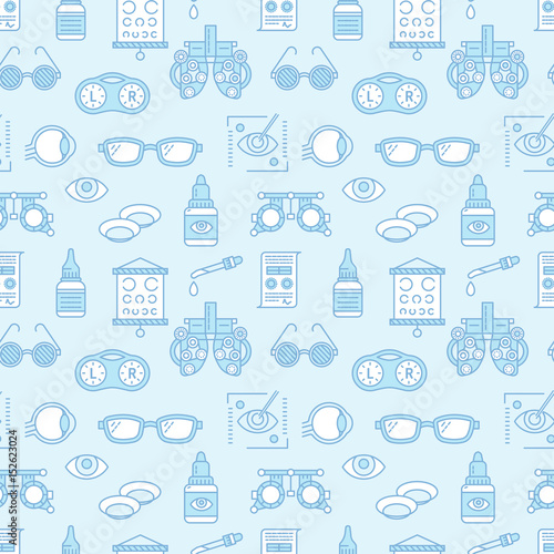 Fototapeta Naklejka Na Ścianę i Meble -  Ophthalmology, eyes health care seamless pattern, medical vector blue background. Optometry equipment, contact lenses, glasses line icons. Vision correction repeated illustration for oculist clinic.