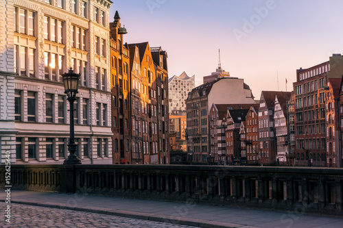 Hamburg, view from Nikolai Fleet to the Elbphilharmonie with historical facades