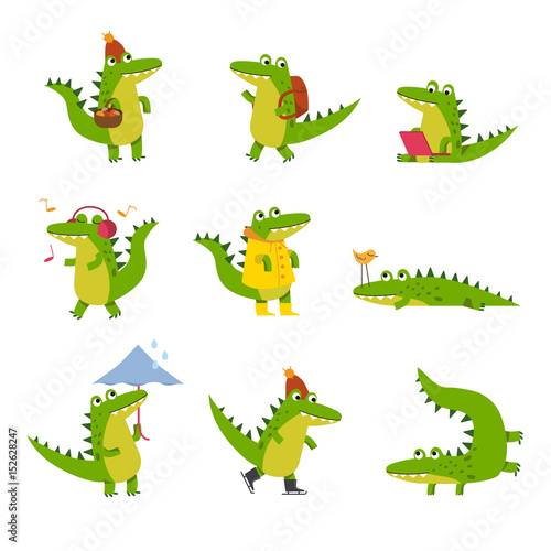Cute cartoon crocodile in every day activities, colorful characters vector Illustrations