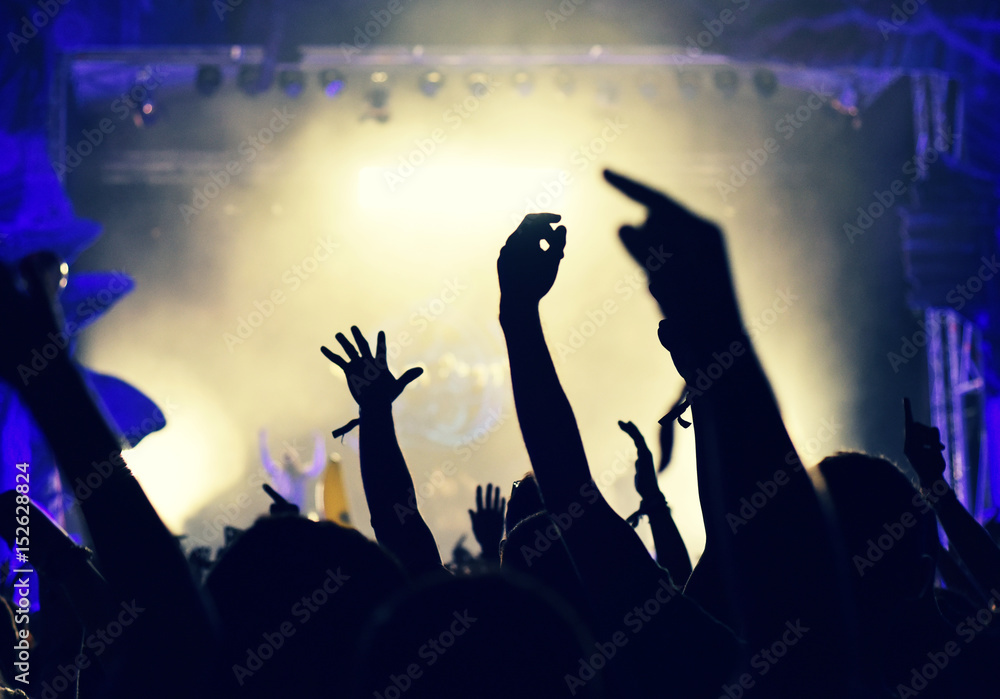 Crowd at a music concert, audience raising hands up Crowd at a music concert, audience raising hands up