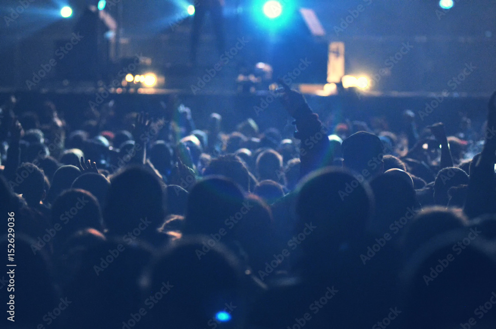 Obraz premium Crowd at a music concert, audience raising hands up