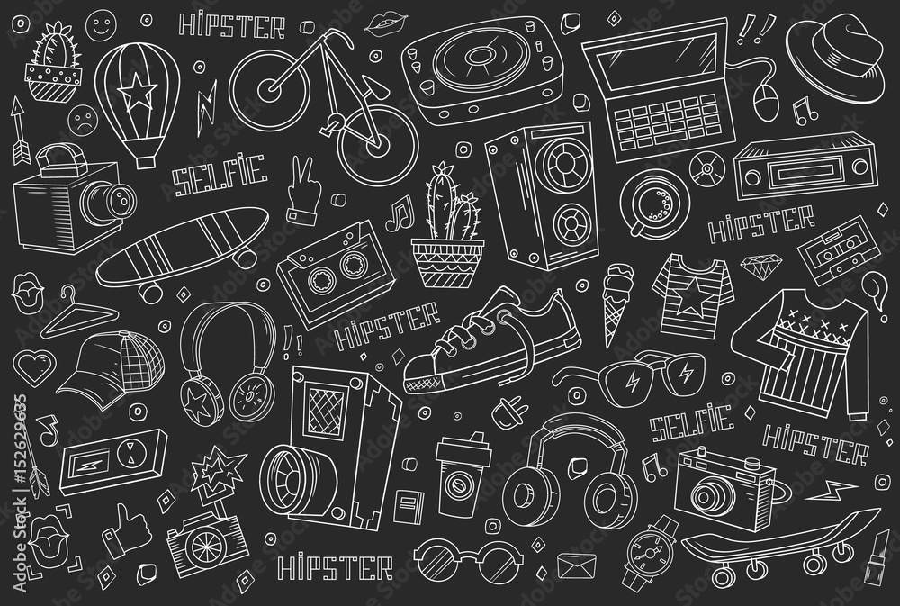 Hipster collage in cartoon style. Templates elements of bicycle, headphone,  music and style. Vector illustration. Stock Vector | Adobe Stock