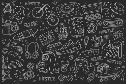 Hipster collage in cartoon style. Templates elements of bicycle, headphone, music and style. Vector illustration.