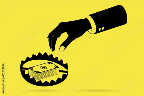hand with banknote and trap, business trap concept