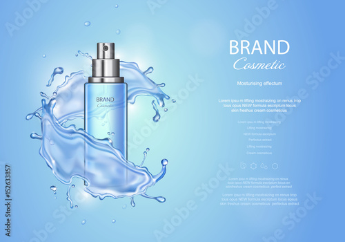 Ice toner ads on blue background. Spray bottle water drops elements, realistic cosmetics product vector illustration