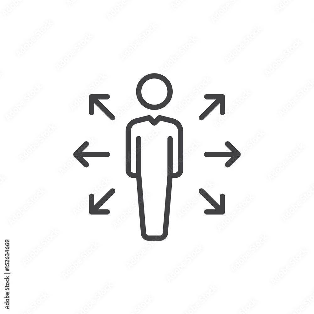 Person and arrows line icon, outline vector sign, linear style pictogram isolated on white. Career opportunities symbol, logo illustration. Editable stroke. Pixel perfect Person and arrows line icon, outline vector sign, linear style pictogram isolated on white. Career opportunities symbol, logo illustration. Editable stroke. Pixel perfect