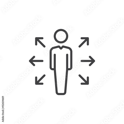 Person and arrows line icon, outline vector sign, linear style pictogram isolated on white. Career opportunities symbol, logo illustration. Editable stroke. Pixel perfect