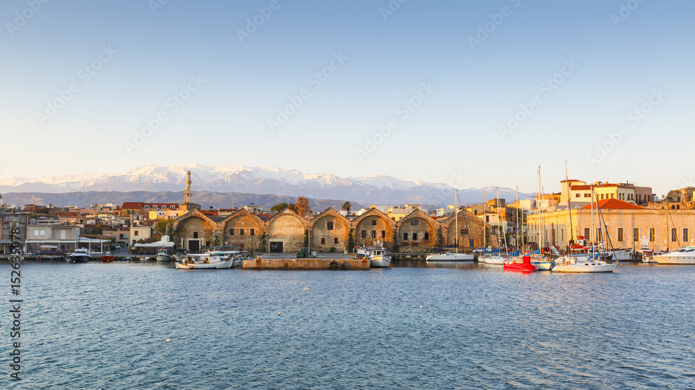 Old Venetian harbor of Chania town on Crete island, Greece. 

