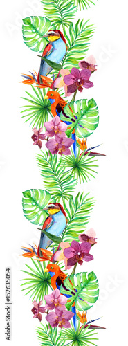 Tropical leaves  exotic bird  orchid flowers. Seamless border. Watercolor stripe