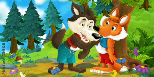 Fototapeta Naklejka Na Ścianę i Meble -  Cartoon scene of a wolf and a fox talking to each other - wolf is threatening to the fox - illustration for children