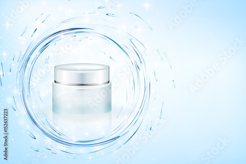 Design cosmetics product advertising. Vector illustration. Aqua cream ads, hydrating facial skincare mock up template. Turquoise mask bottle isolated on glitter particles with water splash.