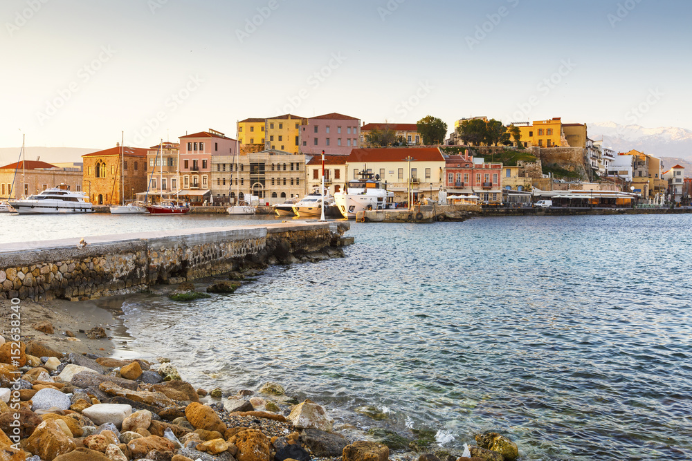 Old Venetian harbor of Chania town on Crete island, Greece. 
