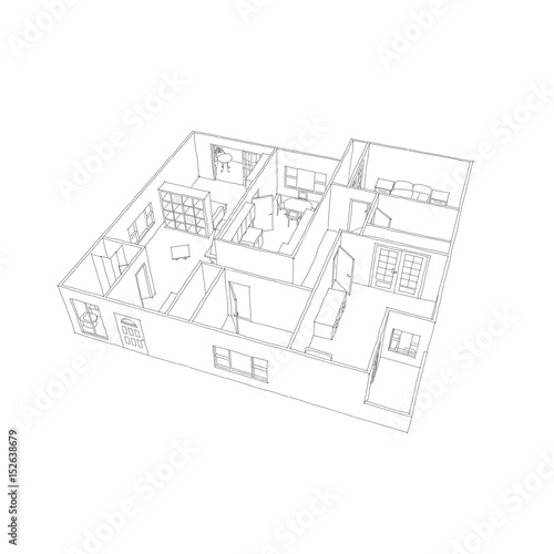 2d illustration freehand sketch drawing of furnished home apartment