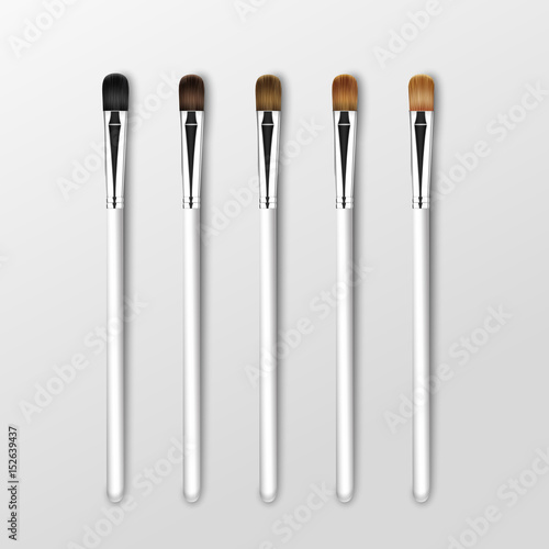 Vector Set of Clean Professional Makeup Concealer Eye Shadow Brushes with Different Black Brown Bristle and White Handles Isolated on White Background