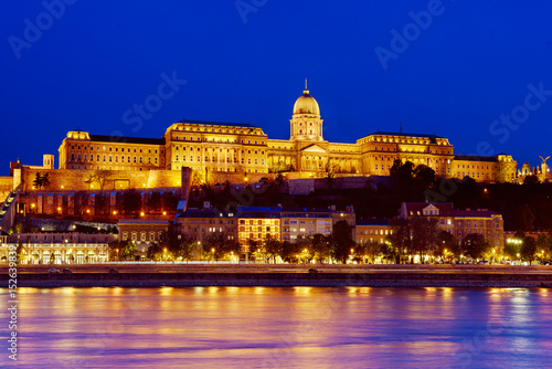 Budapest royal palace at night with illumination, Hungary, Europe. Travel outdoor european background