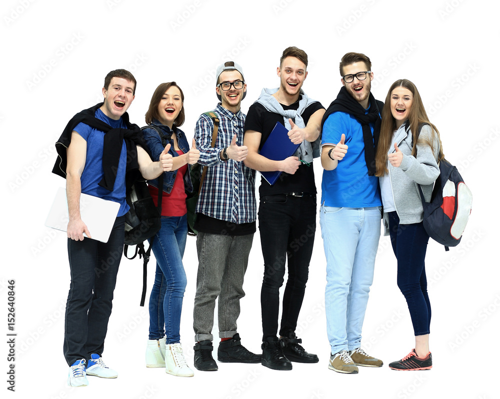 group of smiling friends staying together and looking at camera isolated on white background group of smiling friends staying together and looking at camera isolated on white background