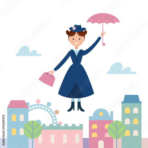 Baby Sitter Mary Poppins Flying Over the Town. Vector Illustration
