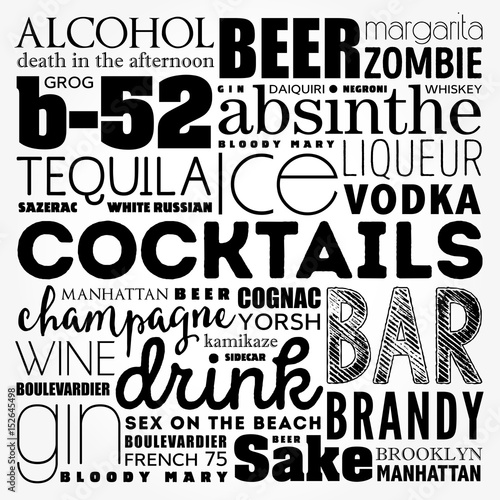 Different cocktails and ingredients, word cloud collage, design concept background