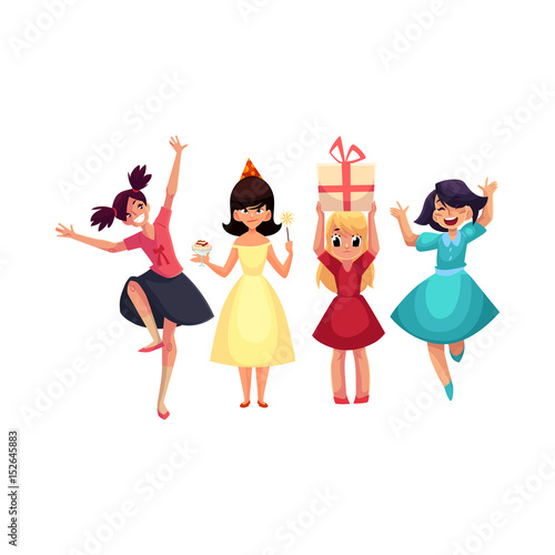 Four various girls in colorful dresses having fun at birthday party, cartoon vector illustration isolated on white background. Set of girls, kids, children celebrating birthday, having fun, dancing
