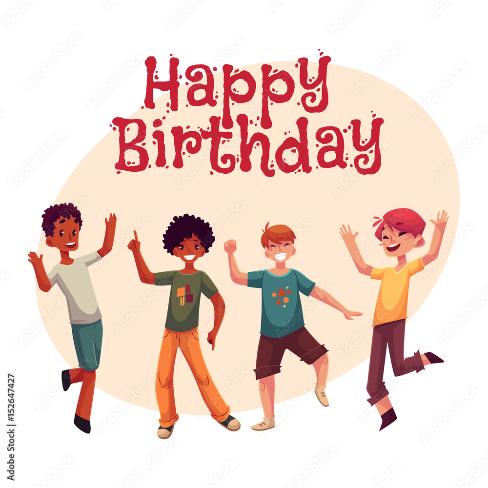 Happy birthday vector greeting card, poster, banner design with Black and Caucasian boys, kids having fun, dancing at party, cartoon vector illustration with space for text. Happy boys dancing Happy birthday vector greeting card, poster, banner design with Black and Caucasian boys, kids having fun, dancing at party, cartoon vector illustration with space for text. Happy boys dancing