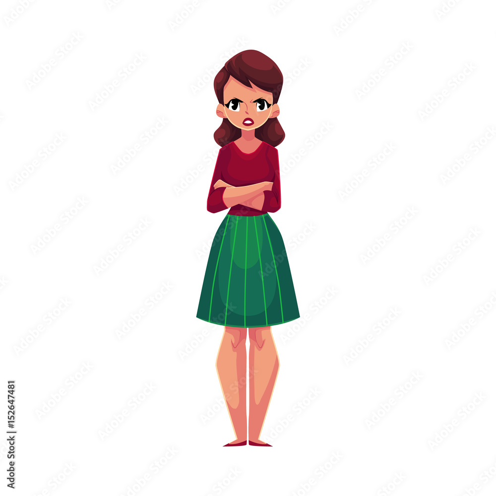 Young woman, girl in casual clothes standing with frowned, angry face  expression, cartoon vector illustration on white background. Frowning,  irritated girl, woman standing with arms crossed on breast Stock Vector |  Adobe