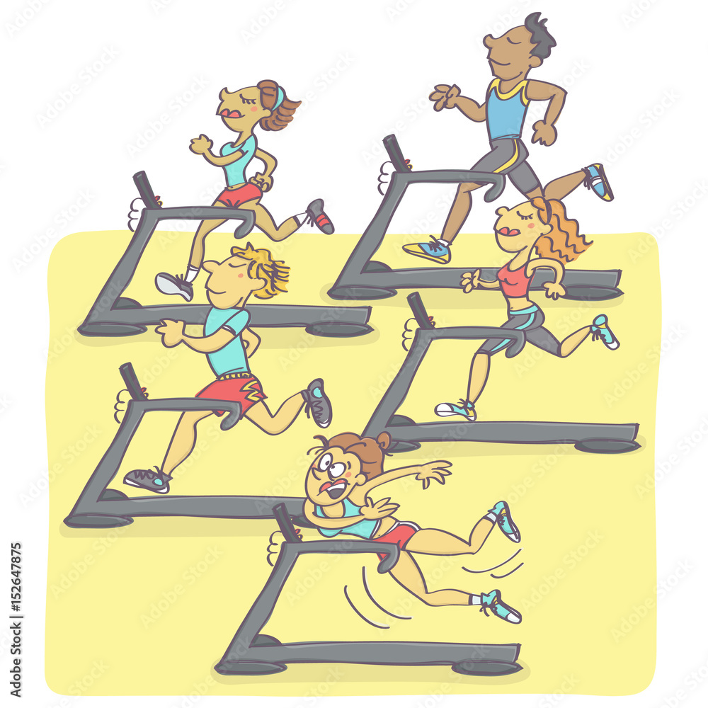Funny vector cartoon with group of people jogging on running machines