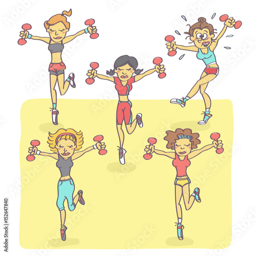 Funny vector cartoon with group of women exercising aerobics while one is all sweaty, stressed and exhausted