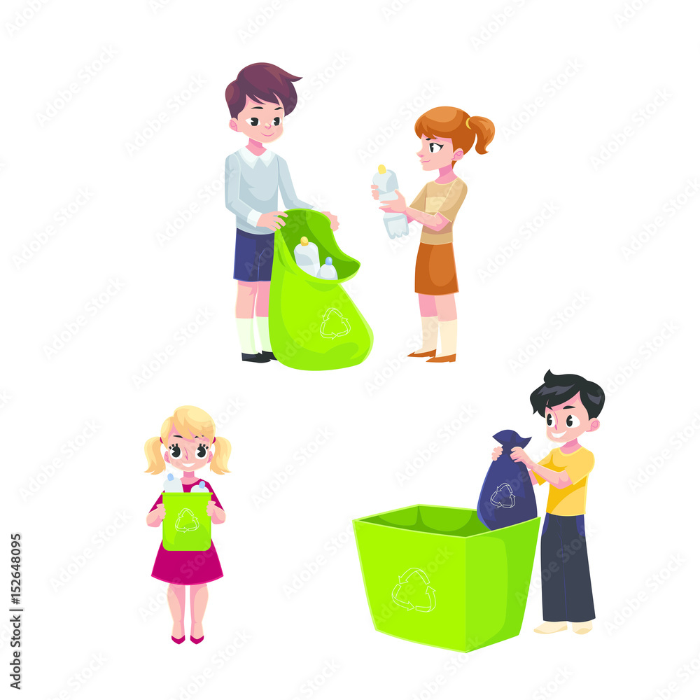 Children, kids collect garbage for recycling, segregating trash ...