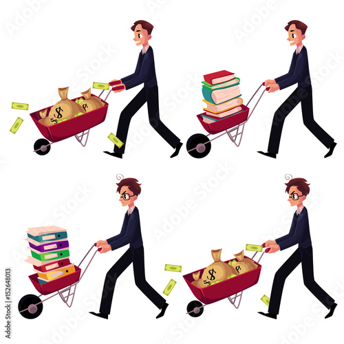 Set of happy and worried businessmen pushing wheelbarrows full of money bags, book, document folders, cartoon vector illustration isolated on white background. Businessman pushing wheelbarrow set