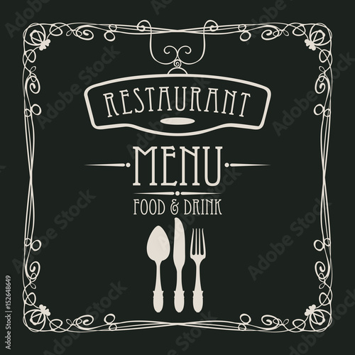 template vector menu for restaurant with flatware and curlicues in baroque style on black background