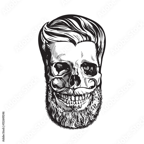 Hand drawn human skull with hipster hairdo, beard and moustache, black and white sketch style vector illustration isolated on white background. Hand drawing of human skull with hipster hair
