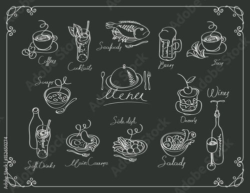 vector menu with sketches different dishes and handwriting inscriptions on black background. Drawing chalk on a wooden board